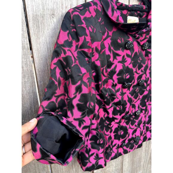 Vintage | 1960's Cardinal Detroit Cropped Black Floral Jacquard Fuschia Jacket - Picture 4 of 8